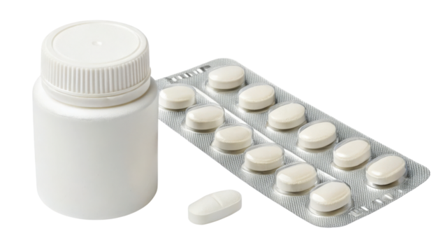 White pills in blister pack and bottle isolated on transparent background