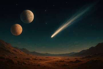 Comet and two moons illuminate alien desert landscape