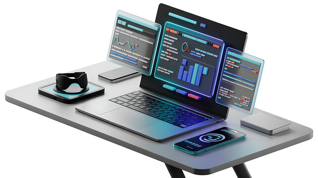 3D illustration of a modern laptop and smartphone connected through a glowing digital network, showcasing futuristic user interface design, data visualization, and innovative web technology concept - Powered by Adobe