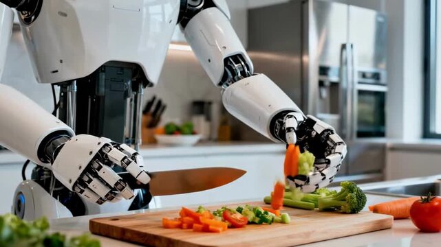 Humanoid Robot Cooking Meal in Modern Kitchen Domestic Assistant