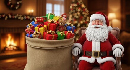 Santa claus sitting near a bag full of gifts in a cozy room with a fireplace.