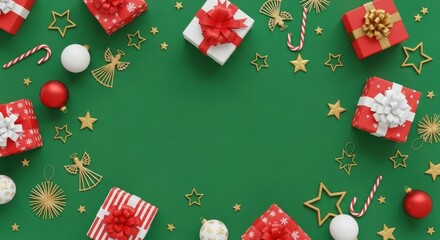 Festive christmas decorations on green background with gift boxes and ornaments.