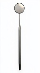 Close-up view of a dental mirror with a long textured handle and round reflective surface on a white background