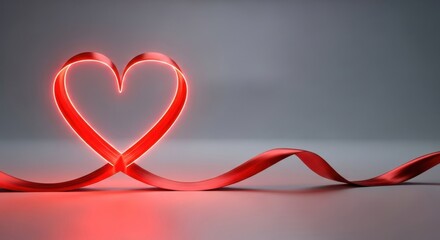 Red ribbon forms a heart shape, symbolizing love and romance on gray background.