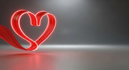 Red ribbon heart shape on gray background. Love and romance concept for valentine day.