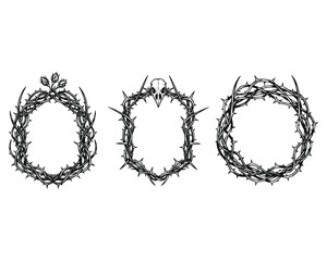 Black Thorn Frame Borders Illustration Vector Set – Gothic Spiked Bramble Frame Collection for Dark Aesthetic Design, Isolated Black And White Silhouette Art