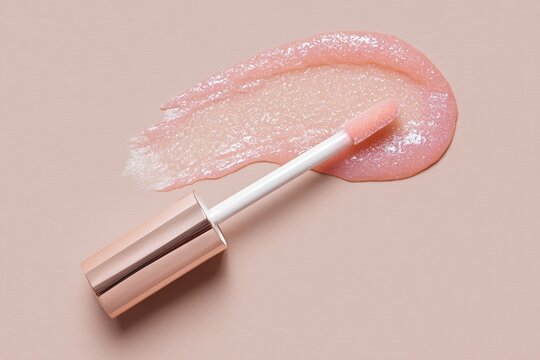 Pink lip gloss applicator with glossy texture smear on pastel background - Powered by Adobe