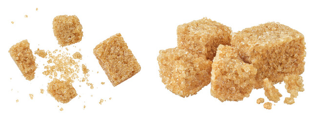 brown sugar cubes isolated on white background. Top view, flat lay