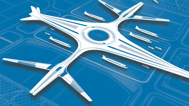 Visionary airport design concept showcasing planes taxiing on runway blueprint, ideal for aviation innovation and future transportation technology solutions