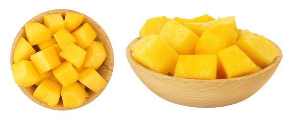 mango diced in wooden bowl isolated on white background. Top view. Flat lay
