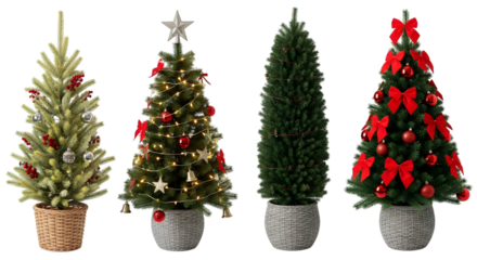 Collection of four decorated christmas trees with different styles and sizes, isolated on transparent background