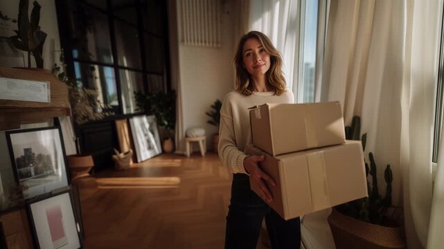Beautiful smiling woman carrying cardboard boxes, happily walking into her new sunny apartment after moving, enjoying the moment of starting a new chapter of her life with optimism