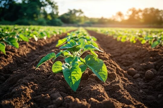 Young green plants growing in neat rows in a brown soil field under warm sunlight during early morning or late afternoon