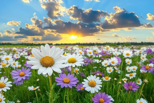 Bright white and purple daisies blooming in a large field under a vibrant sunrise with scattered clouds
