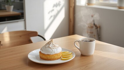 Sweet Delights. A Tart with Meringue and a Cup of Steaming Brew, A Simple Still Life.