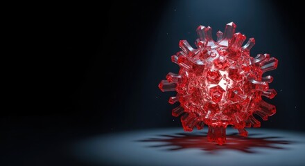 Red coronavirus cell with spiky surface. Microscopic virus causing infection.