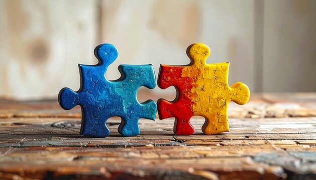 Vibrant interlocking puzzle pieces symbolizing connection, collaboration, and successful problem-solving on a rustic wooden surface