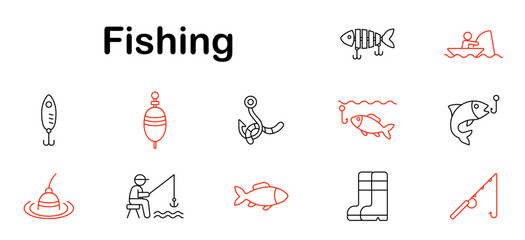 Fishing set icon. Rod, hook, float, fish, angler, bait, lure, reel, boots, boat, catch, water, outdoor, lake, tackle, hobby.
