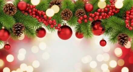 Festive christmas garland with red ornaments, pine cones, and bokeh lights. Holiday theme.