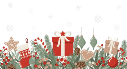 Christmas border with festive elements including pine branches, berries, pinecones, ornaments, candy canes, gingerbread cookies, stockings, and gift boxes on a transparent background