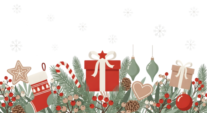 Christmas border with festive elements including pine branches, berries, pinecones, ornaments, candy canes, gingerbread cookies, stockings, and gift boxes on a transparent background