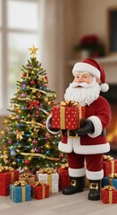 Santa claus with christmas presents and a christmas tree in a cozy living room.