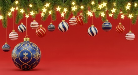 Christmas decoration with baubles, fir branches and star lights on a red background.