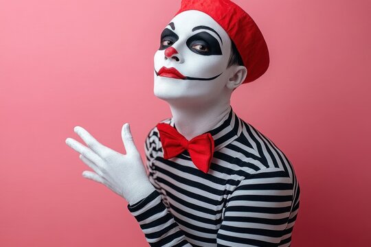 Person in mime makeup and costume with white face paint, red hat, red bow tie, and black-and-white striped shirt posing against a pink background with a confident expression