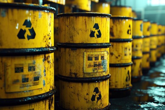 Rows of rusty yellow metal barrels with radioactive hazard symbols in a dim industrial setting conveying danger and caution