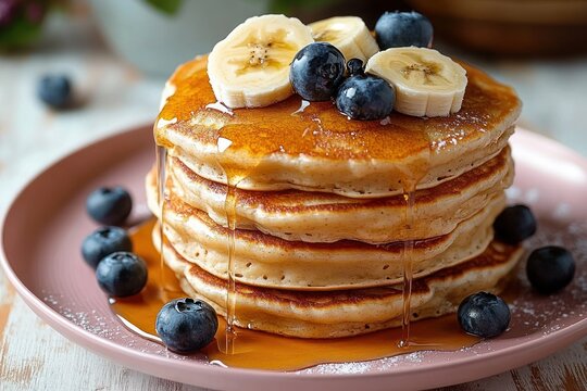 Stack of fluffy pancakes topped with banana slices and blueberries drizzled with syrup on a pink plate