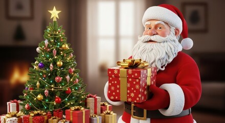 Santa claus holding a gift box near a christmas tree with presents underneath.