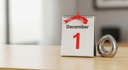 December 1st calendar page with red ribbon on wooden table, holiday season.