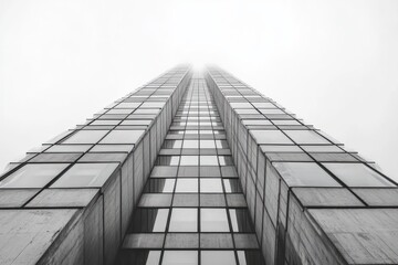 Monochrome perspective of a tall modern glass and concrete skyscraper disappearing into foggy sky evoking a sense of mystery and height