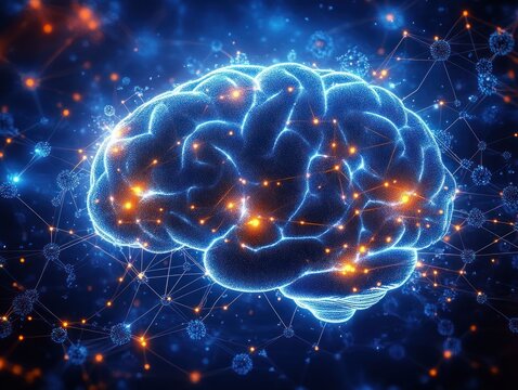 Glowing digital human brain with neural network connections and glowing nodes in blue and orange hues representing artificial intelligence and neural activity