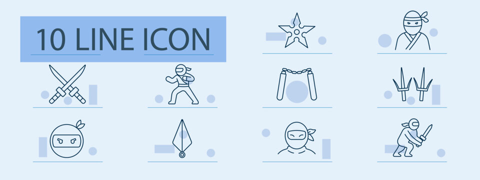 Ninja set icon. Katana, fighter, shuriken, nunchaku, mask, weapons, stance, action, stealth, costume, martial arts, training, combat, warrior, enemy, agility, discipline, legend