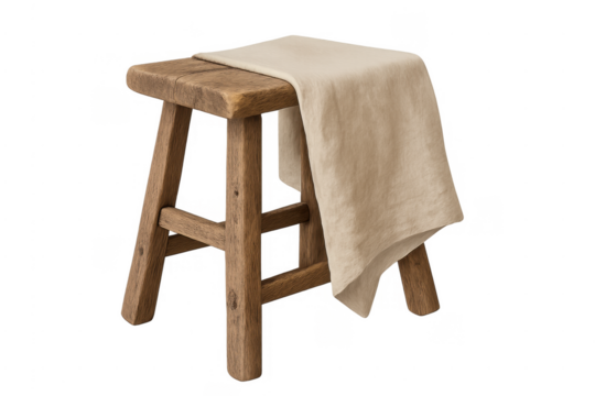 Wooden stool with beige fabric draped on top