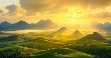 Sunrise casting golden light over rolling green hills and distant mountains with scattered trees and misty layers under a dramatic cloudy sky
