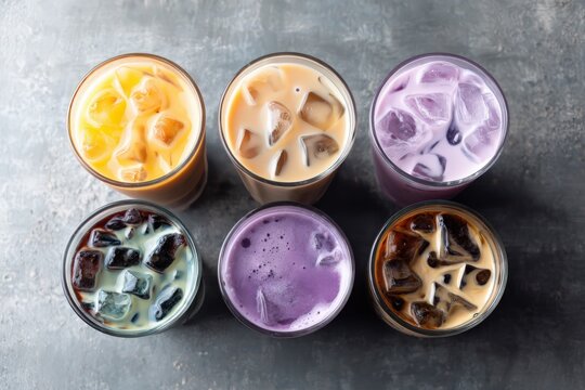 Diverse assortment of iced beverages including coffee and milk tea showcasing rich colors and textures arranged symmetrically on textured surface indicative of contemporary refreshment styles