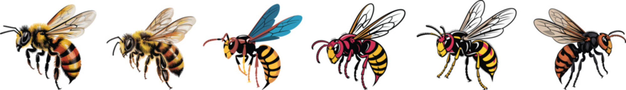 Realistic and Cartoon Vector Set of Flying Bees and Hornets: Detailed Stinging Insect Illustrations