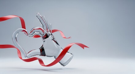 Clear glass hand making heart shape with red ribbon. Love and romance concept.
