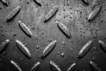 close-up of worn textured metal surface with raised diamond-shaped patterns and rough spots in grayscale, showing industrial and aged feel