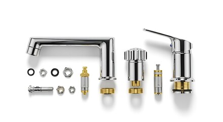 A detailed view of disassembled chrome faucets and components on a white surface in a studio setting