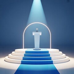 Illuminated podium with blue carpet and spotlight above