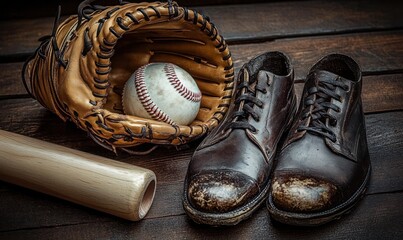 Worn vintage brown baseball glove holding a ball, old wooden bat, and pair of scuffed black leather shoes placed on dark wooden surface
