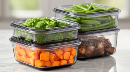 Bright kitchen features fresh meal prep containers stacked neatly on the counter, filled with vibrant broccoli, green beans, and carrots, showcasing healthy eating and organization