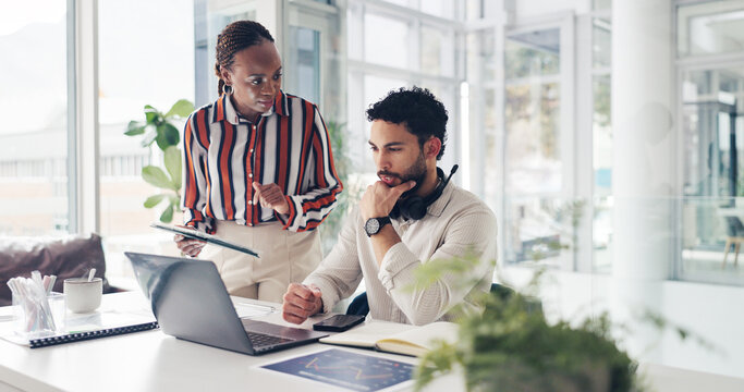 Call centre, laptop or people in office with review, collaboration and telemarketing performance in sales. Discussion, tech or agent at desk with headset, lead generation or graph for crm management.