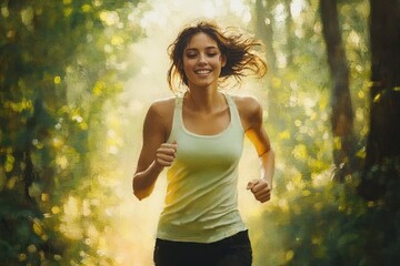 Smiling young woman running joyfully through sunlit forest trail with lush greenery around