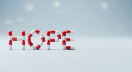 Word hope made of red and white pills. Medicine concept of recovery and cure.