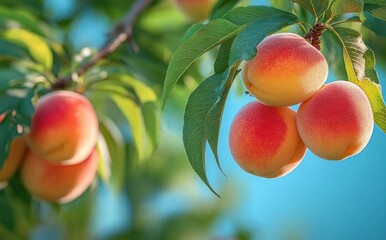 Close-up of ripe peaches hanging from a tree branch with green leaves against a bright blue sky background