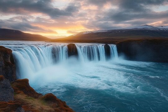 Powerful waterfall cascading into a river surrounded by rugged cliffs and snow-capped mountains during a dramatic sunset under cloudy skies